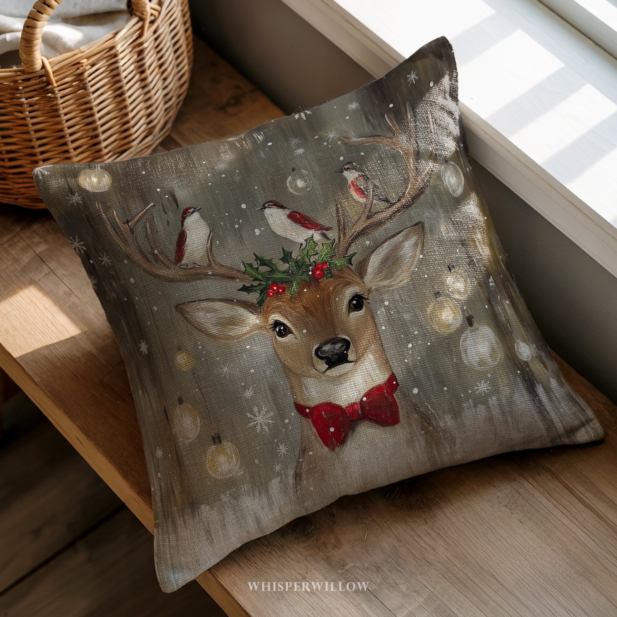 Christmas Reindeer Throw Pillow - Birds and Holly Holiday Cushion Cover and Insert by WhisperWillow Studios Home Decor Gift