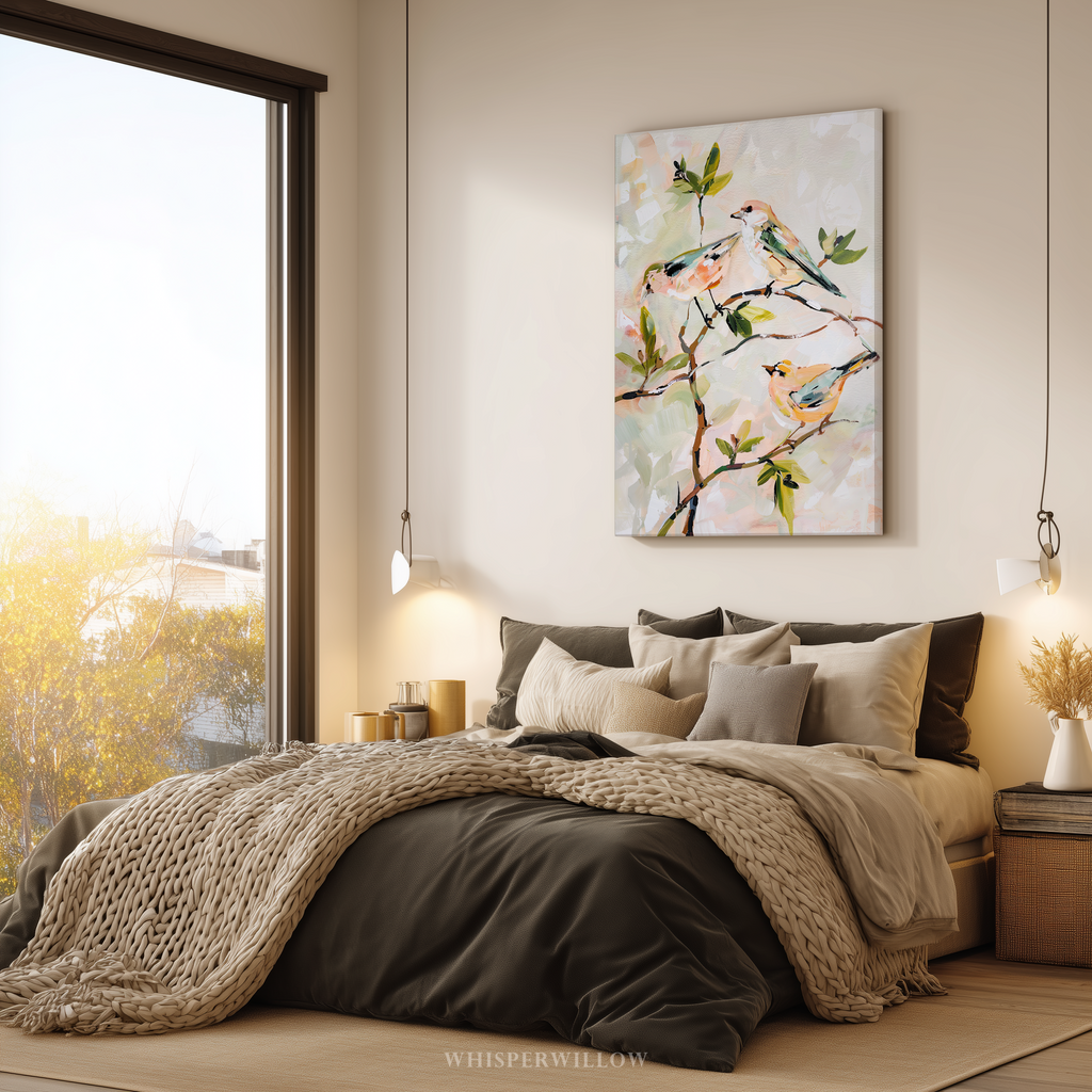Leinwandbild „Pastellfarbene Singvögel“ – Neutrale botanische Zweige, Frühlingshaus, Natur-Tier-Vogel-Dekoration