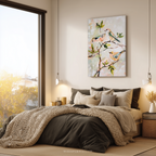 Leinwandbild „Pastellfarbene Singvögel“ – Neutrale botanische Zweige, Frühlingshaus, Natur-Tier-Vogel-Dekoration