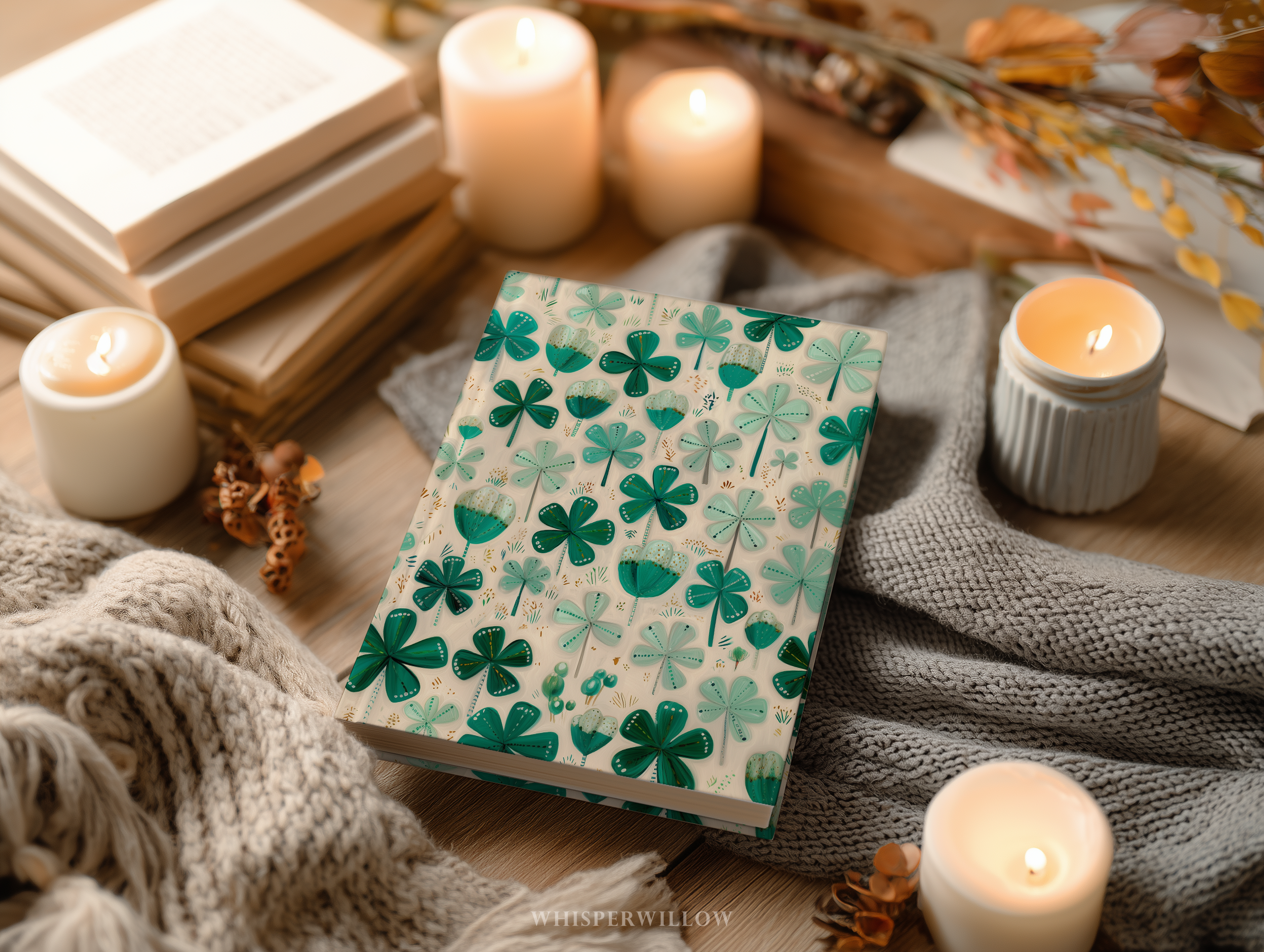 St Patrick Shamrock Hardcover Journal, Lucky Irish Botanical Clover Design, Green Teal Folk Art Notebook, 8x5.75 Lined Pages Gift