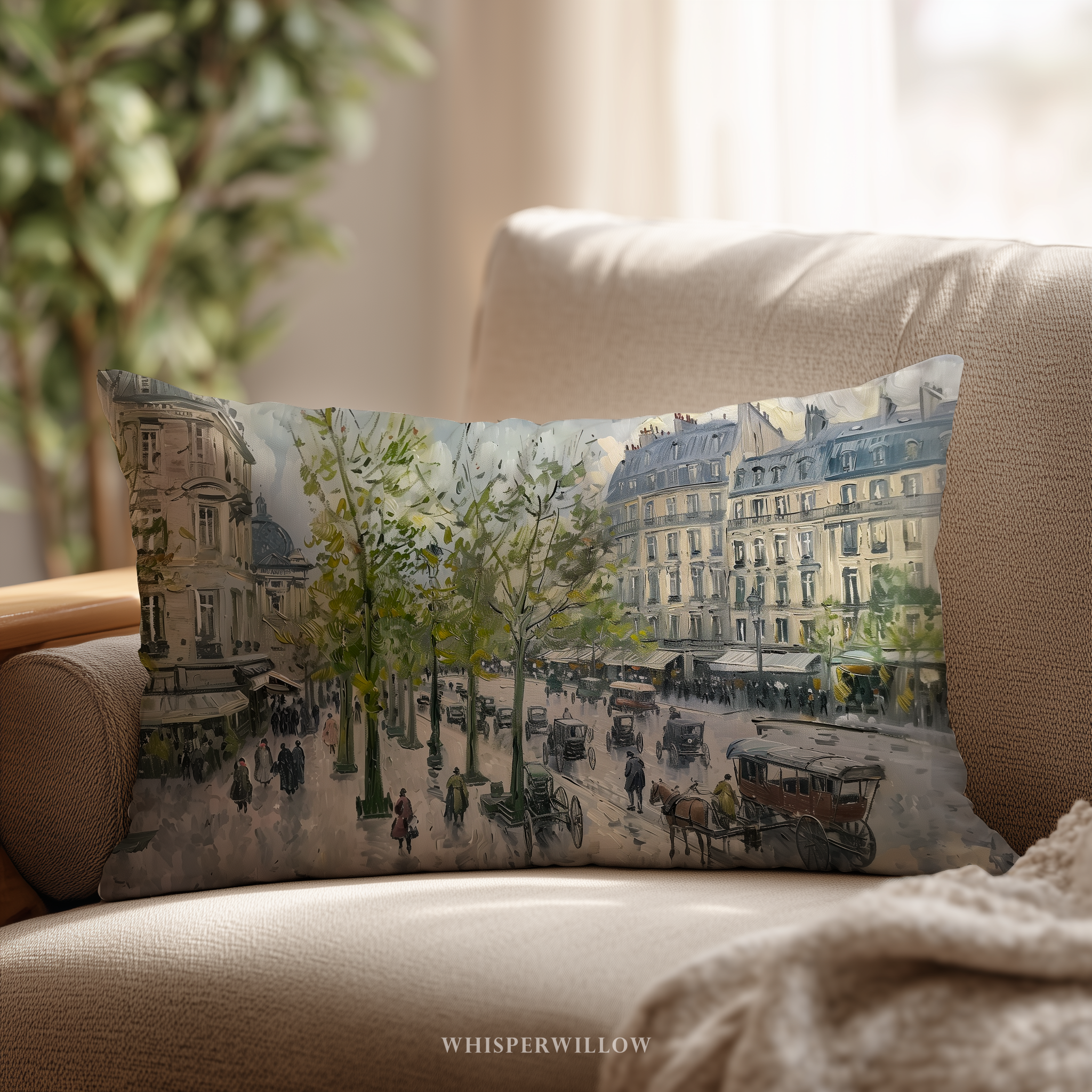 Dekokissen „Paris Boulevard“ – Regenszene mit Pferdekutsche