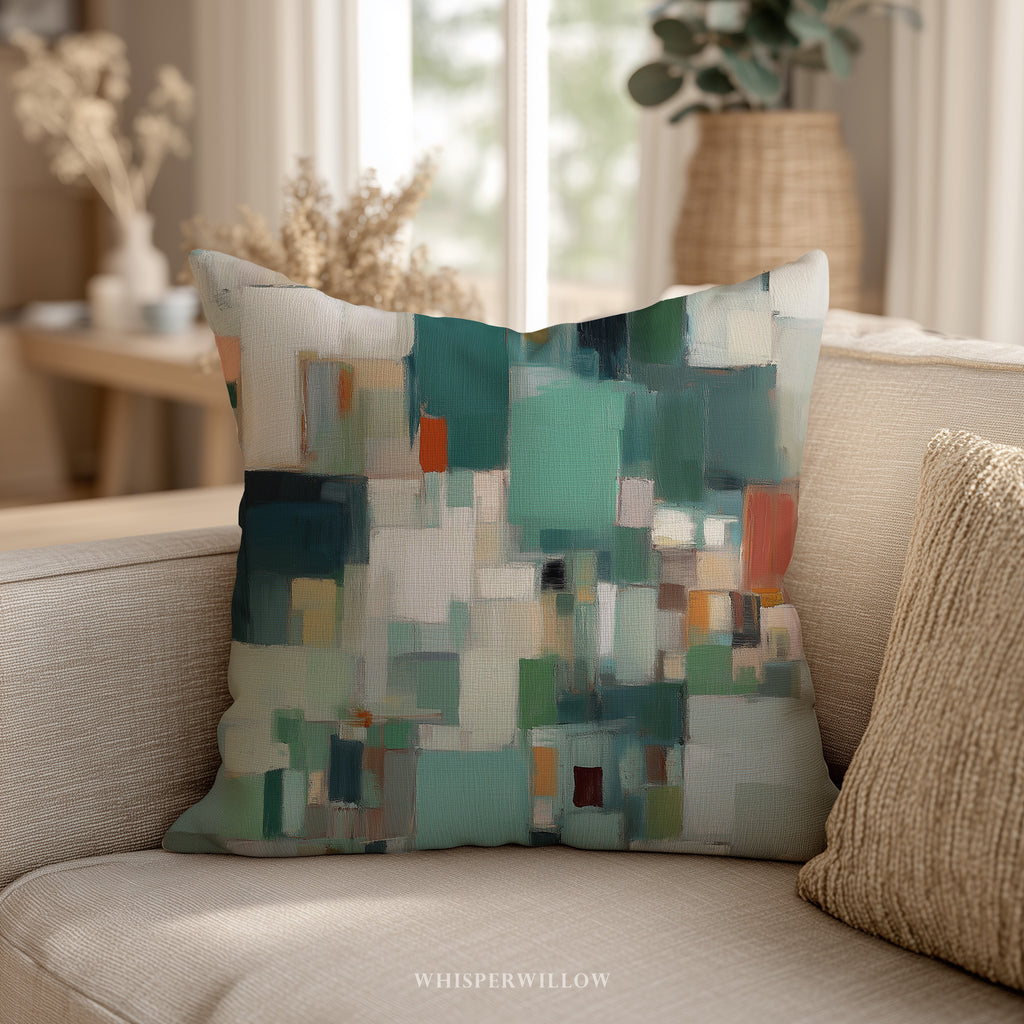 Abstract Geometric Throw Pillow | Color Block Teal Neutral Lumbar Cushion | Modern Minimalist Decor | Housewarming Gift