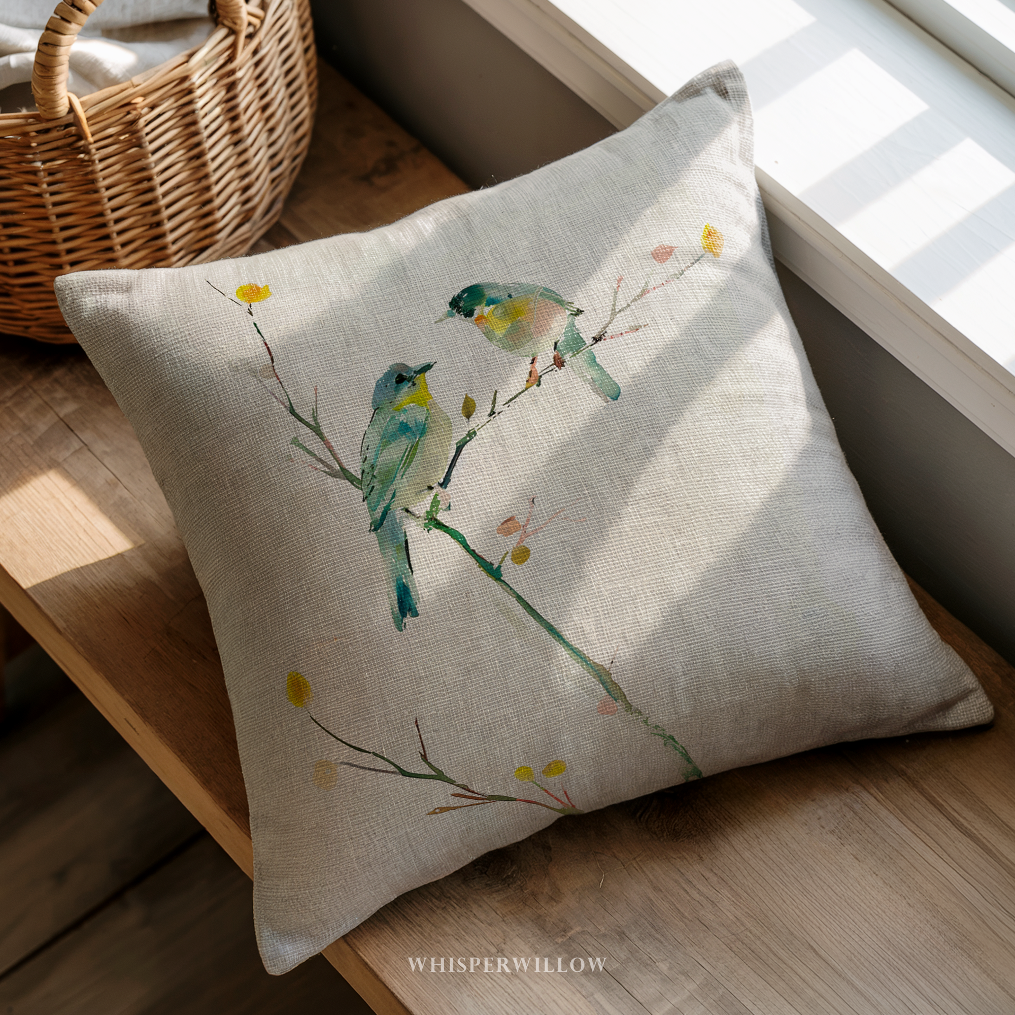 Watercolor Bird Throw Pillow and Case - Blue Yellow Spring Branch Accent Cushion Nature Decor Gift