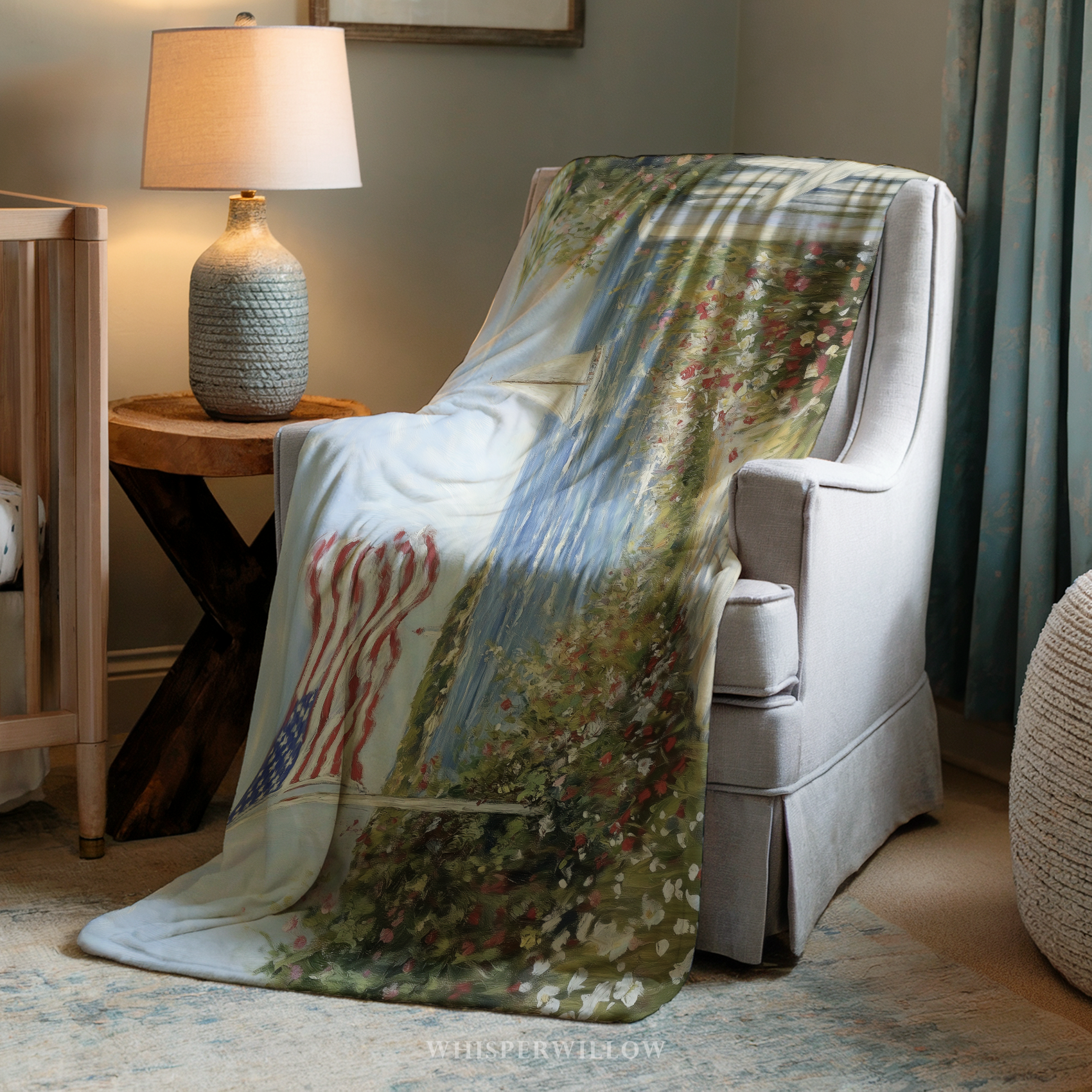 American Flag Coastal Throw Blanket - Sailboat Lighthouse Wildflower Gift