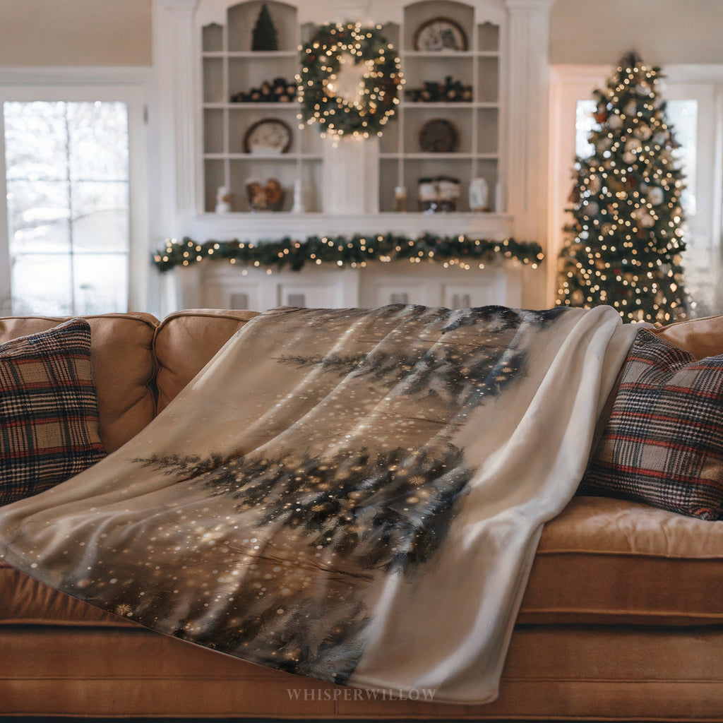 Winter Forest Throw Blanket - Snowy Trees Golden Lights Gift