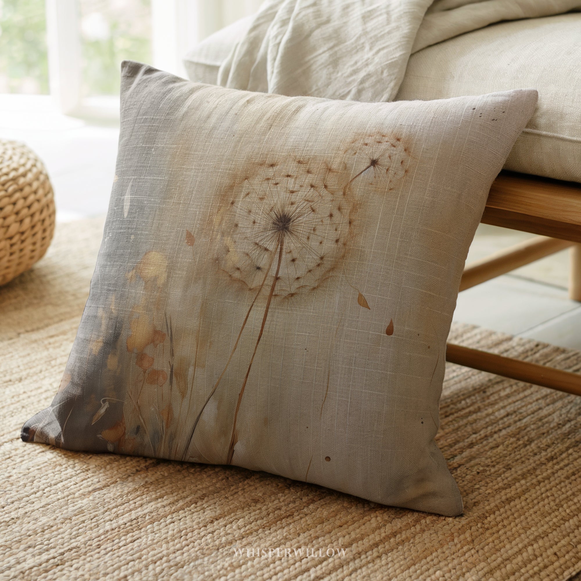 Neutrales Löwenzahn-Dekokissen – Stimmungsvolles florales Naturkissen
