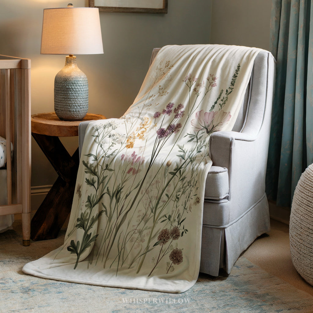 Wildflower Botanical Plush Throw Blanket | Vintage Meadow Floral Cottagecore | Neutral Garden Decor Gift