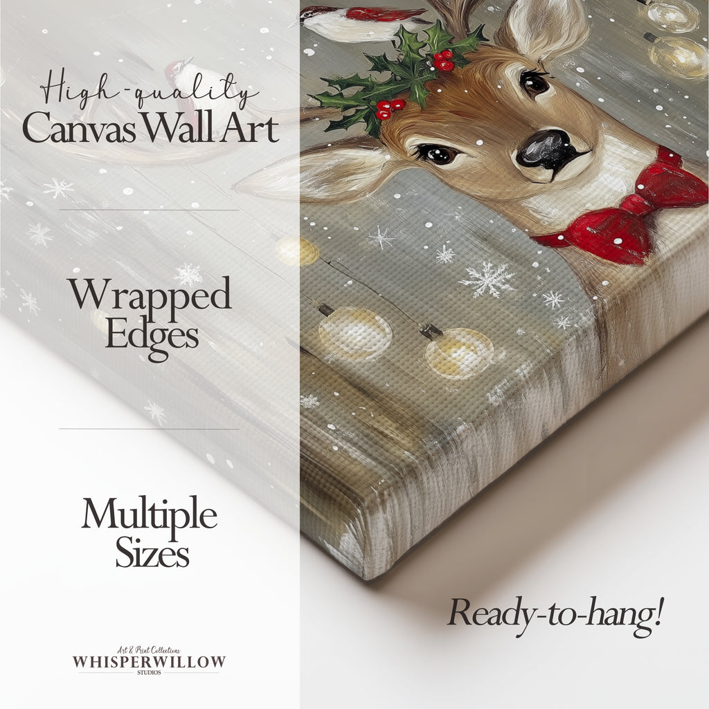 Weihnachts-Wandbild mit Rentieren und Vögeln – Rustikale rote Schleife, Stechpalme, Waldweihnachtsdeko