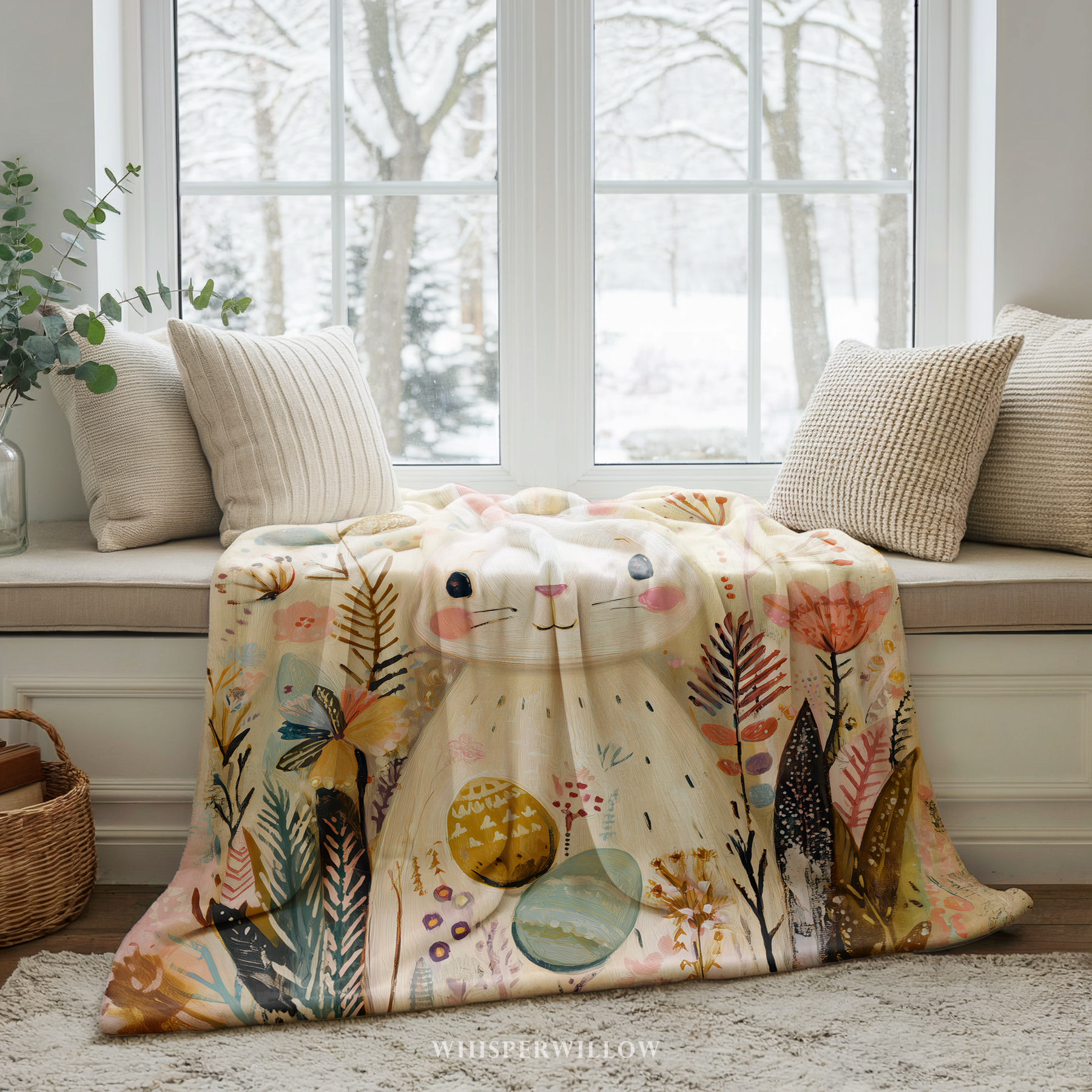 Whimsical Easter Bunny Throw Blanket, Spring Pastel Floral Design, Cute Rabbit Cottagecore Nursery, Cozy Plush Gift for Kids Gift
