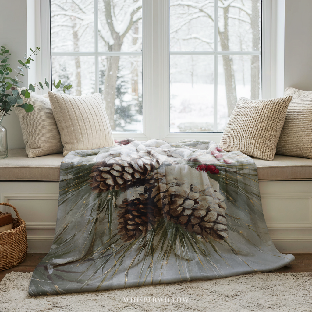 Snowy Pinecone Throw Blanket - Evergreen Red Berry Winter Gift