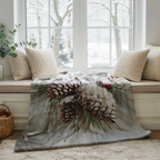 Snowy Pinecone Throw Blanket - Evergreen Red Berry Winter Gift