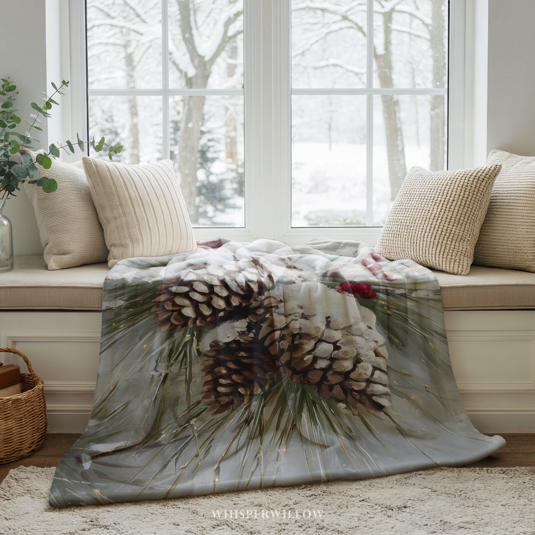 Snowy Pinecone Throw Blanket - Evergreen Red Berry Winter Gift