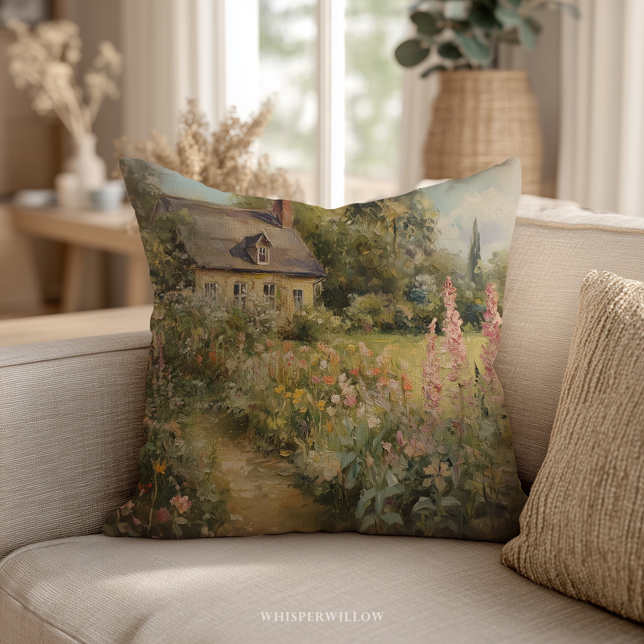 Floral Throw Pillow | Vintage English Garden Cottage | Wildflower Countryside Landscape | Farmhouse Cushion | Lumbar & Square Gift by WhisperWillow Studios
