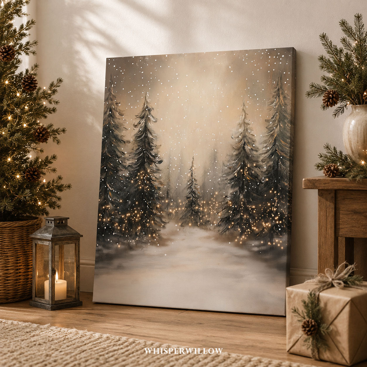 Canvas Wall Art Winter Forest with Twinkle Lights | Snowy Pine Woodland Scene | Rustic Christmas Decor