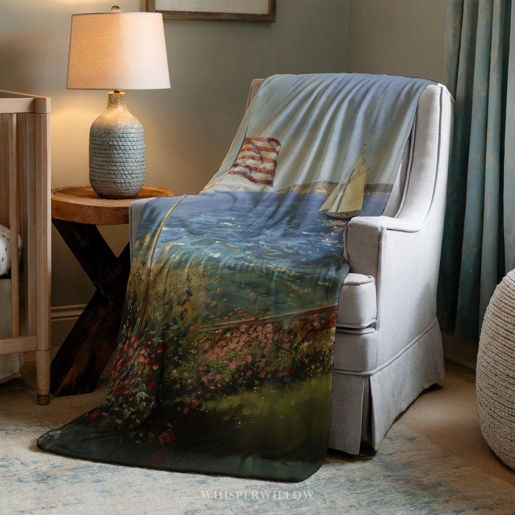 American Flag Coastal Throw Blanket - Ocean Nautical Sailboat Floral Gift