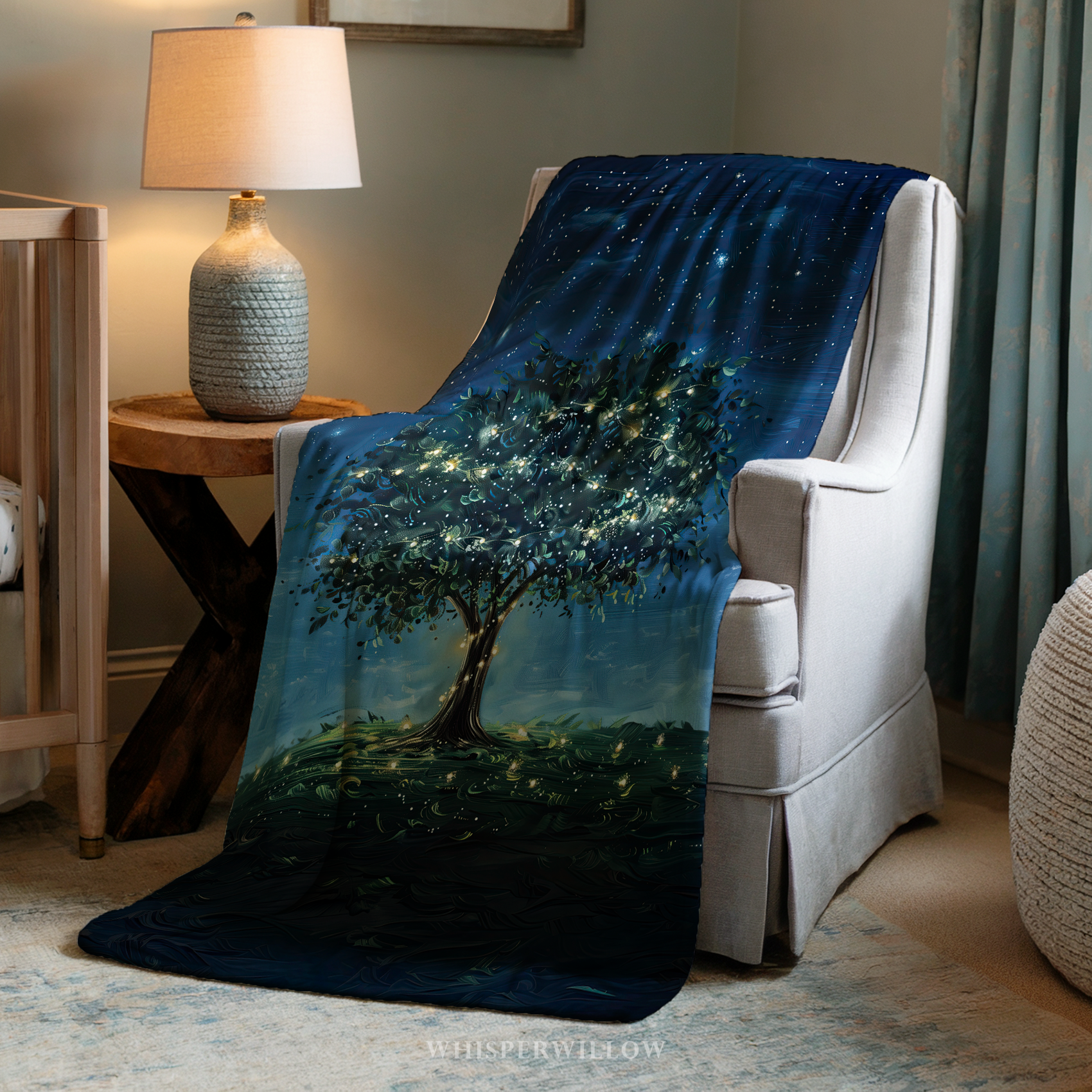 Starry Night Throw Blanket - Glowing Firefly Tree Celestial Sky Gift by WhisperWillow Studios Home Decor Gift
