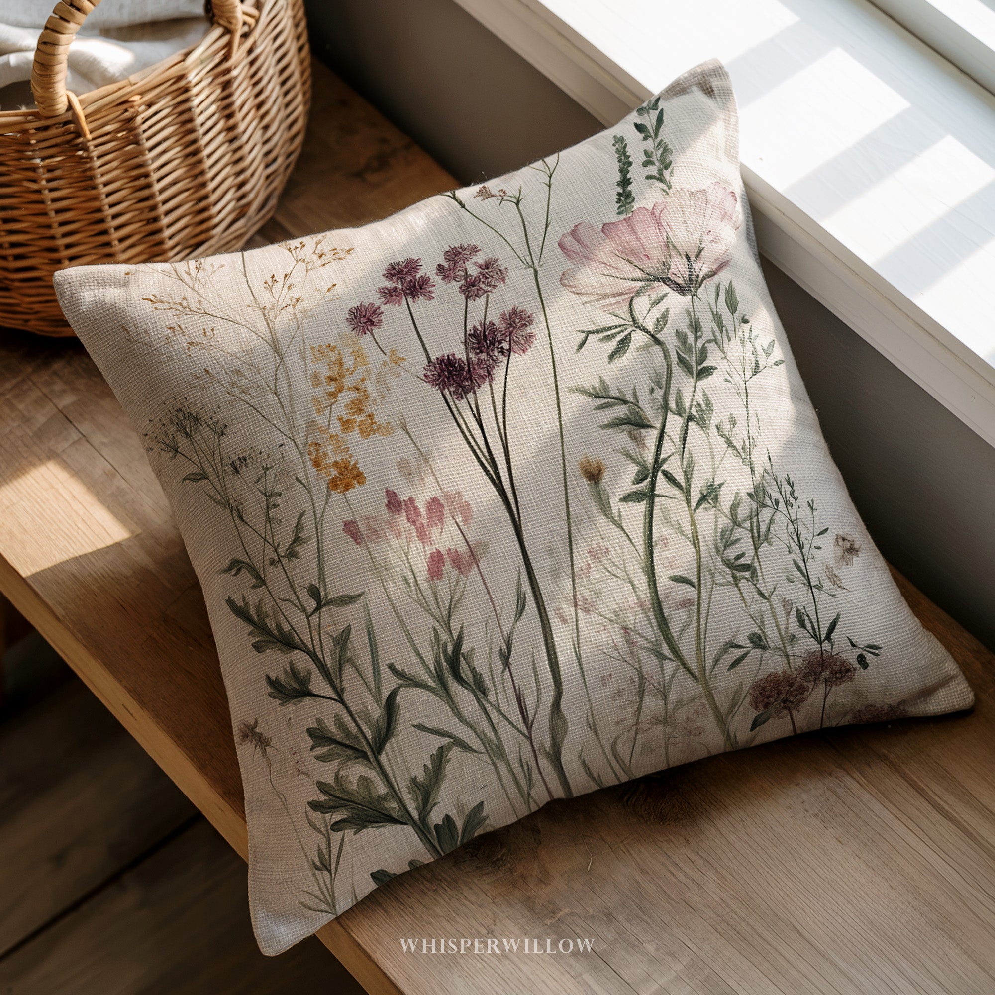 Wildflower Botanical Throw Pillow | Vintage Meadow Flowers Cottagecore Garden Floral Neutral Nature Decor Cushion Square Gift