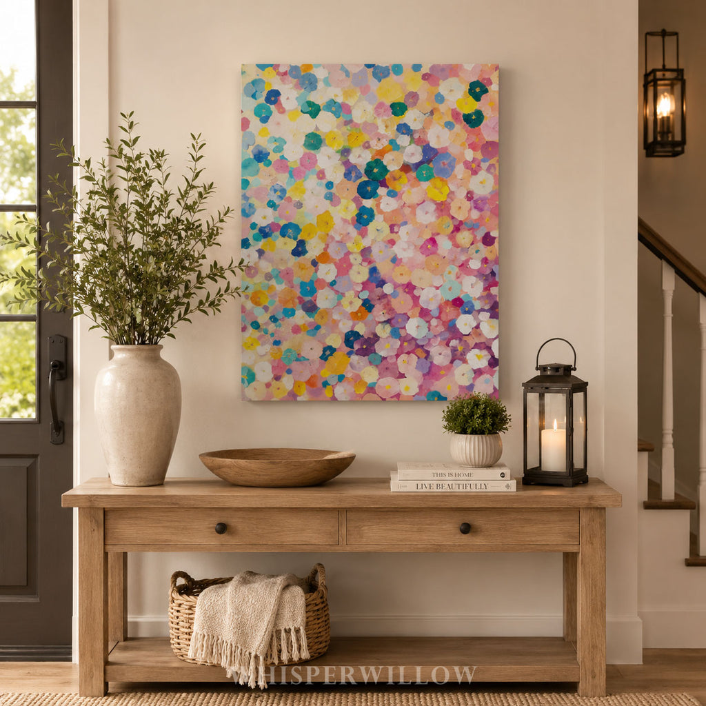 Farbenfrohes Blumenkonfetti-Leinwandbild – Abstrakte Pastellblüte, lebendige moderne botanische Kunst