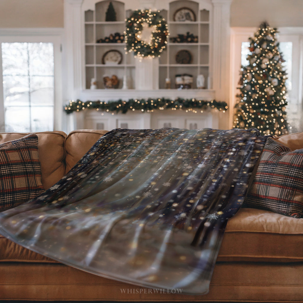 Winter Forest Snowflake Plush Throw Blanket | Glitter Look Woodland Holiday Cozy Shimmer Neutral Christmas Decor Gift
