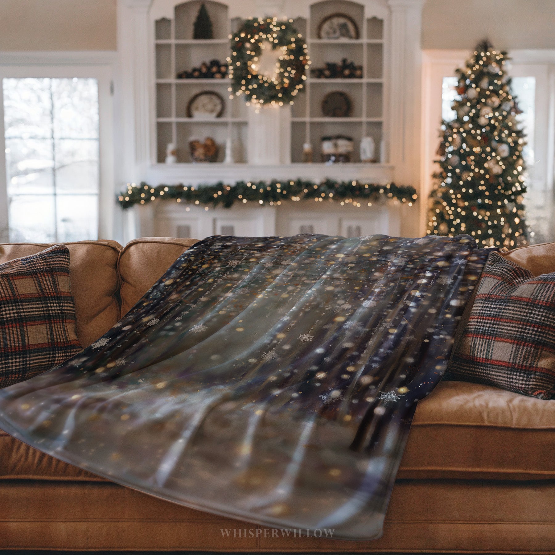 Winter Forest Snowflake Plush Throw Blanket | Glitter Look Woodland Holiday Cozy Shimmer Neutral Christmas Decor Gift