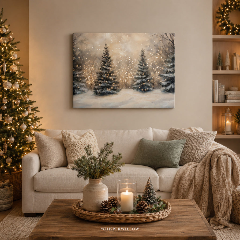 Tableau sur toile « Sapin de Noël illuminé » - Forêt hivernale enneigée et féerique