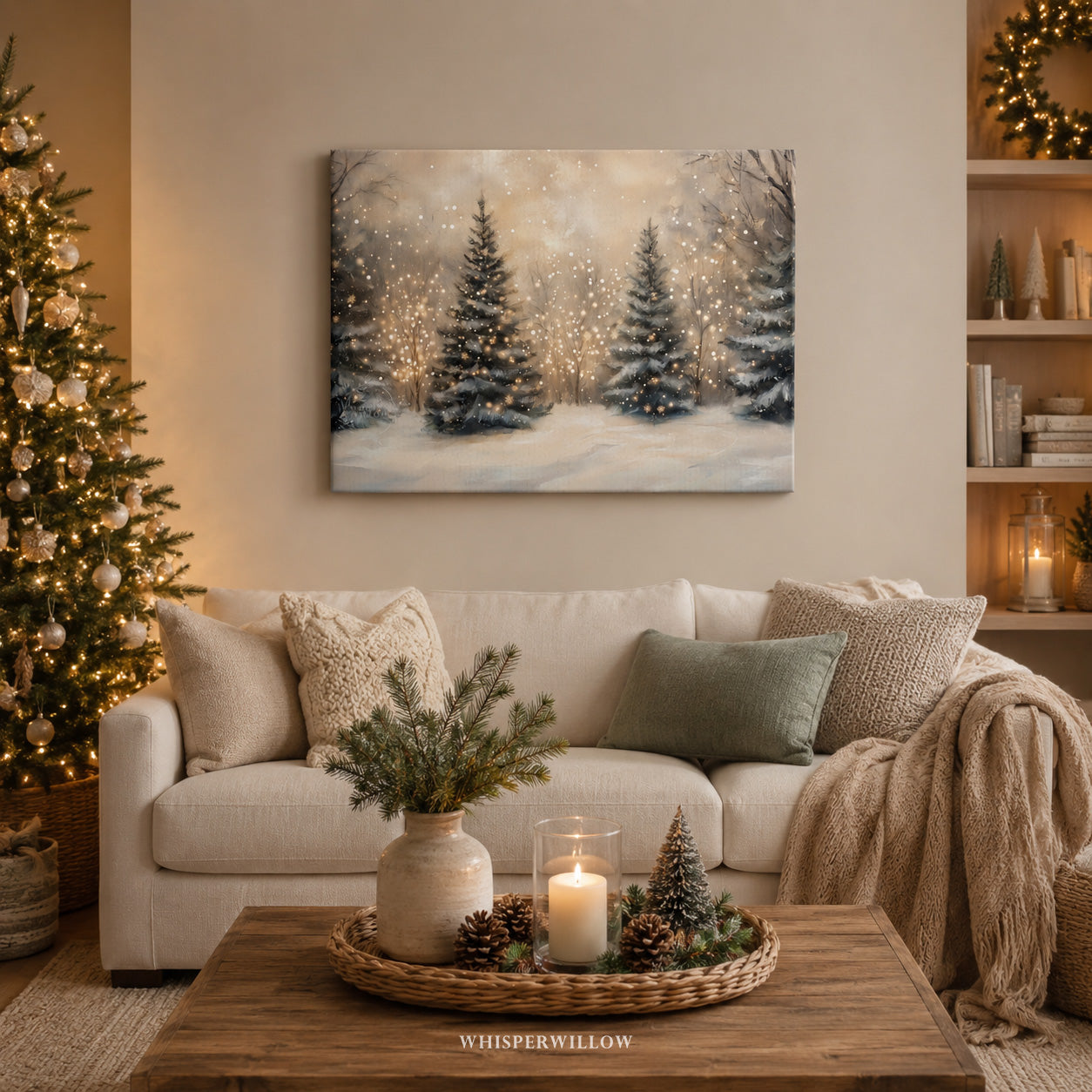 Christmas Tree Lights Canvas Wall Art - Enchanting Snowy Winter Forest Magical Woodland