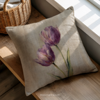 Muted Purple Tulips Throw Pillow | Botanical Floral Cushion | Neutral Beige Vintage Garden Decor | Minimalist Spring Accent Gift by WhisperWillow Studios