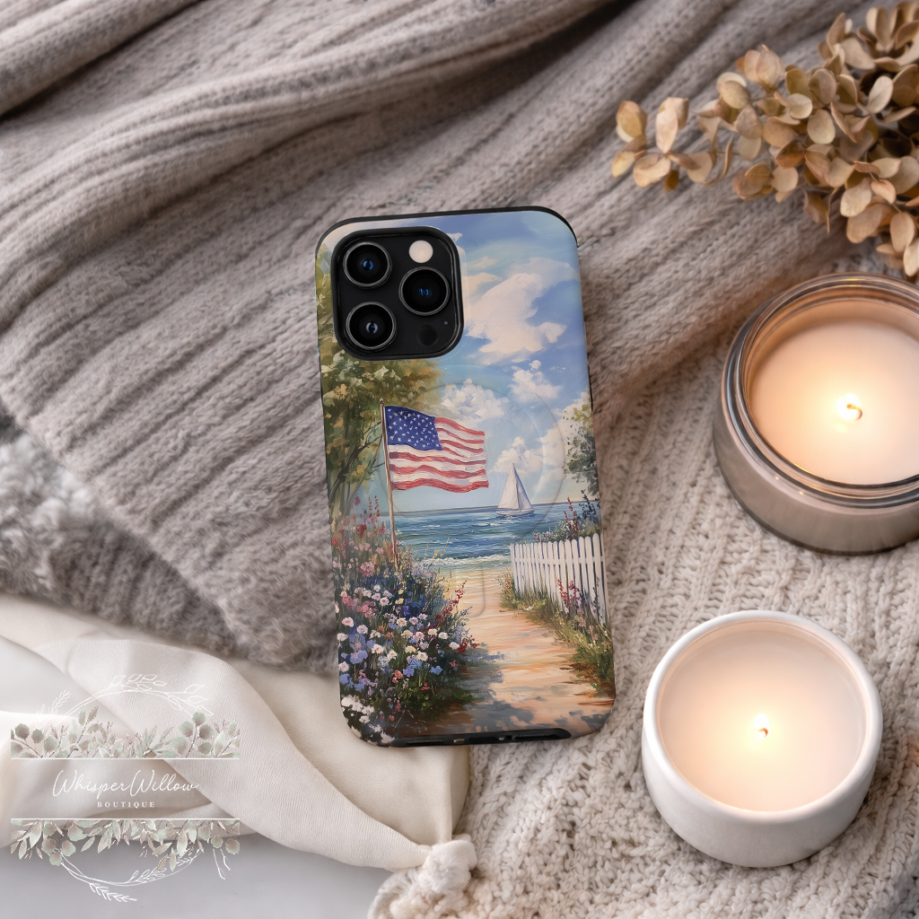Coastal Aesthetic Phone Case | Compatible with iPhone MagSafe Charging | American Flag Beach Path Art | Patriotic Ocean Landscape