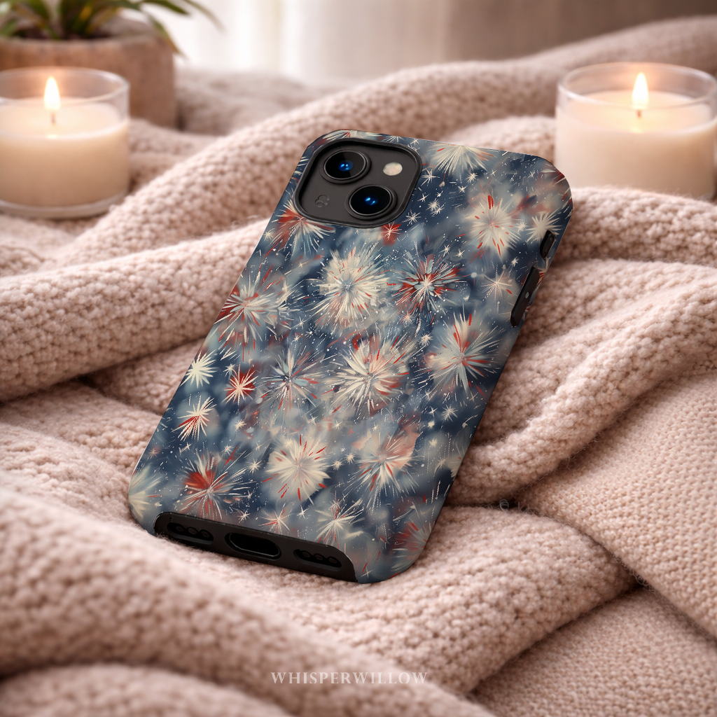 Abstract Fireworks Phone Case | Compatible with iPhone | Patriotic Red White Blue Starburst Cover