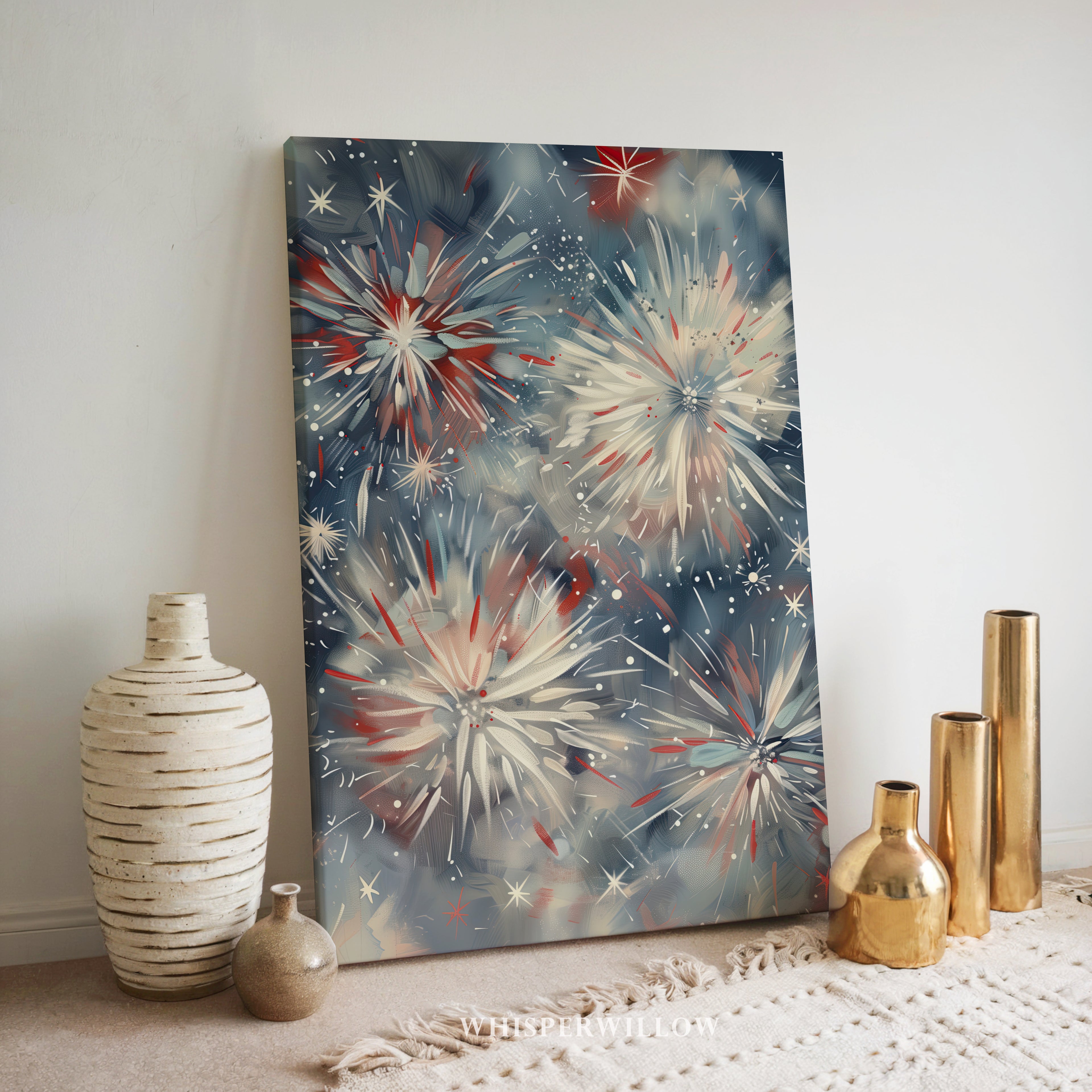 Leinwandbild mit Feuerwerk zum 4. Juli | Feierlichkeiten zum Unabhängigkeitstag | Patriotische Dekoration in Rot, Weiß und Blau