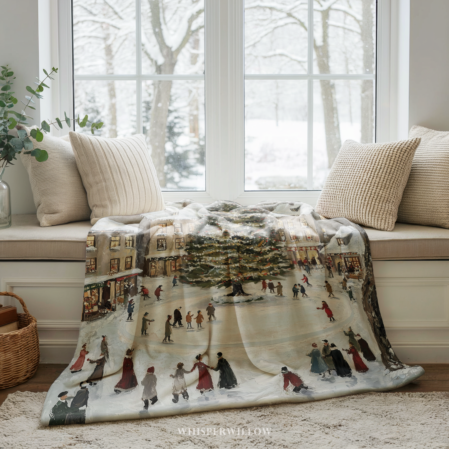 Snowy Village Christmas Throw Blanket - Winter Tree Ice Skating Gift