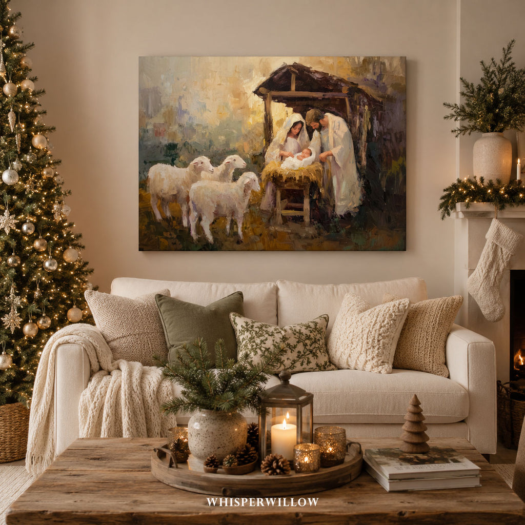 Weihnachtskrippe als Leinwandbild – Heilige Familie, Jesuskind, Krippe mit Schafen