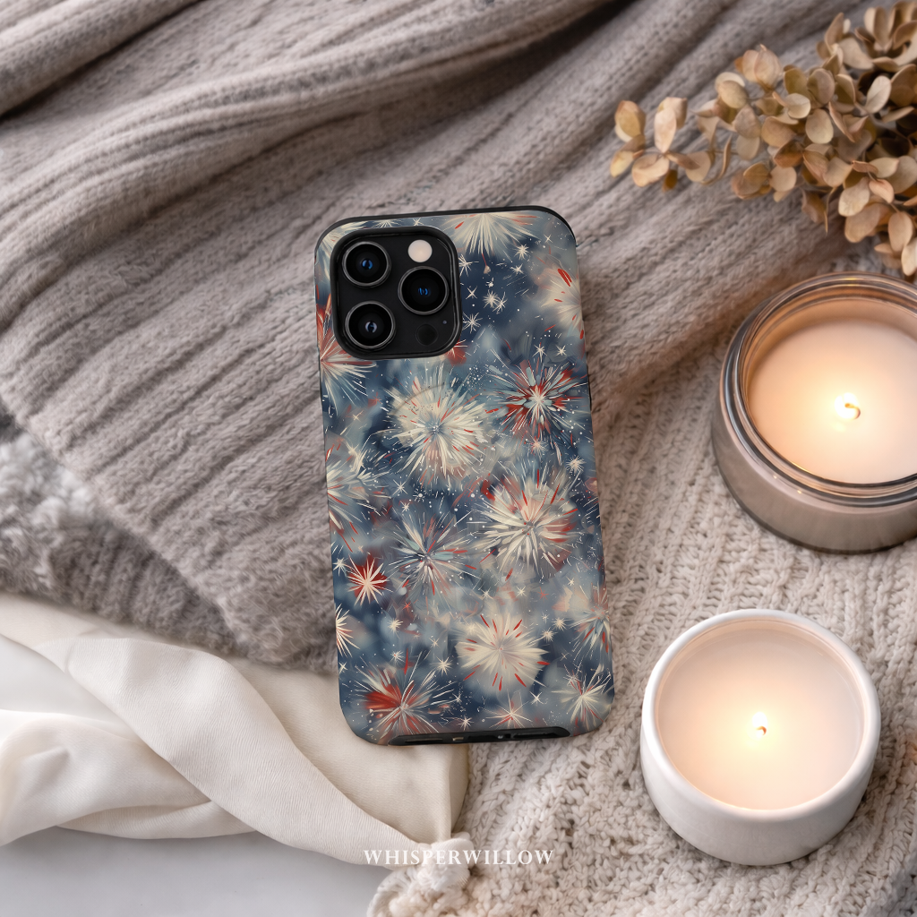 Abstract Fireworks Magnetic Case | Compatible with iPhone | Patriotic Red White Blue Starburst Cover