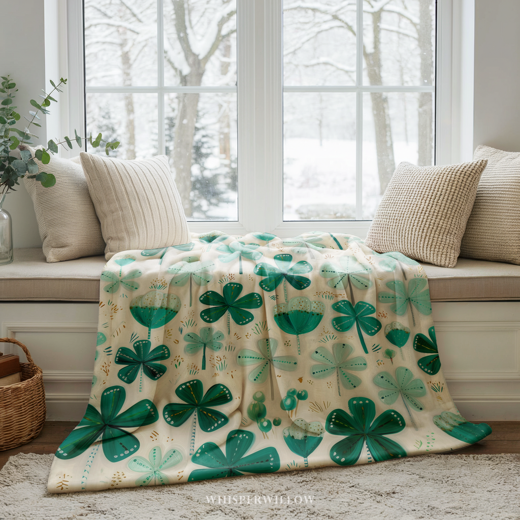 St Patrick Shamrock Clover Throw Blanket, Teal Green Floral Design, Lucky Irish Pattern, Cozy Plush Gift for Kids and Adults