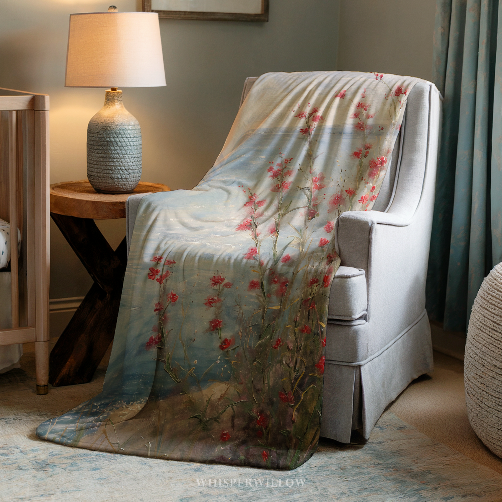 Coastal Wildflower Throw Blanket - Red Floral Seaside Ocean by WhisperWillow Studios Home Decor Gift