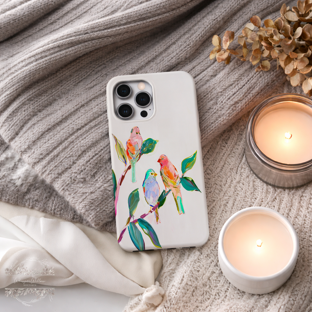 Colorful Bird Art Phone Case Compatible with iPhone | Songbird Branch Design | Cute Aesthetic Nature | Joyful Bird Lover Gift