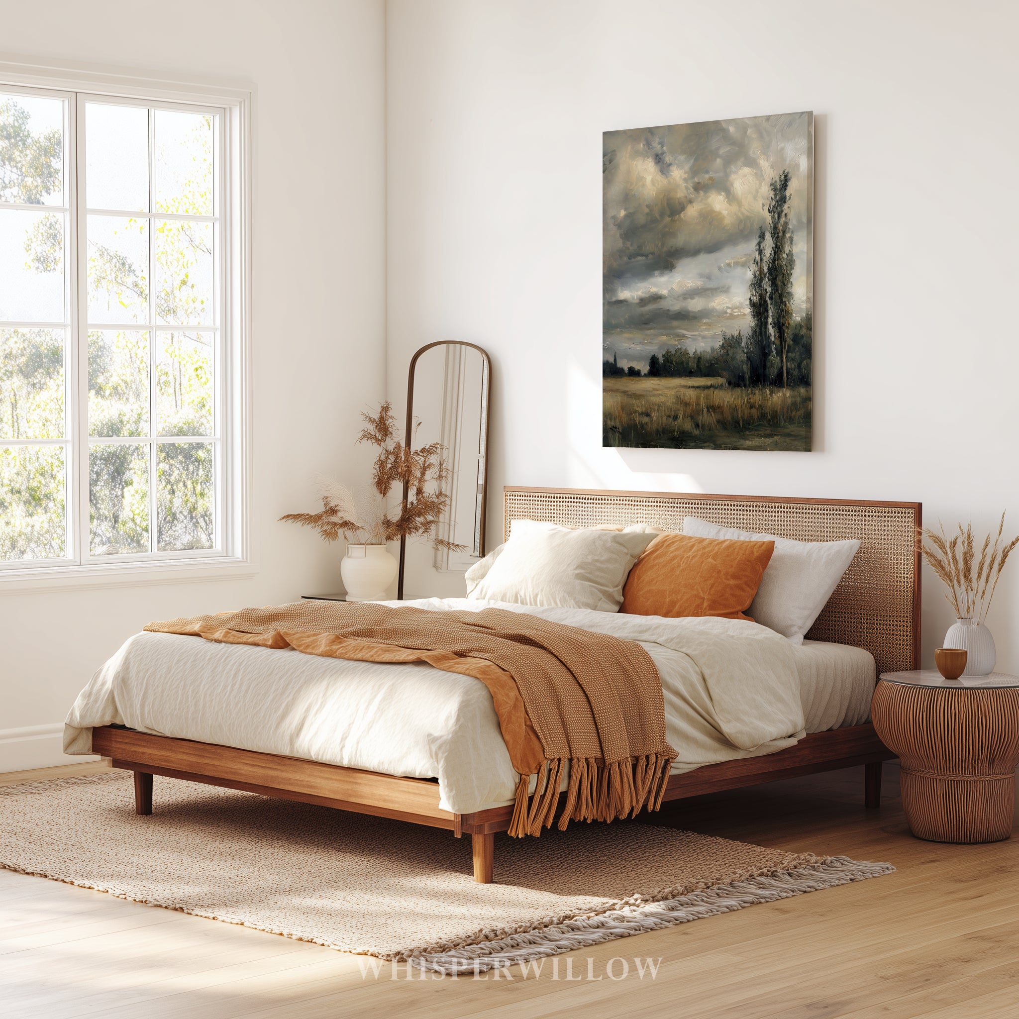 Leinwandbild „Stürmische Landschaft“ – Stimmungsvoller, bewölkter Himmel, Vintage-Landsonnenuntergang