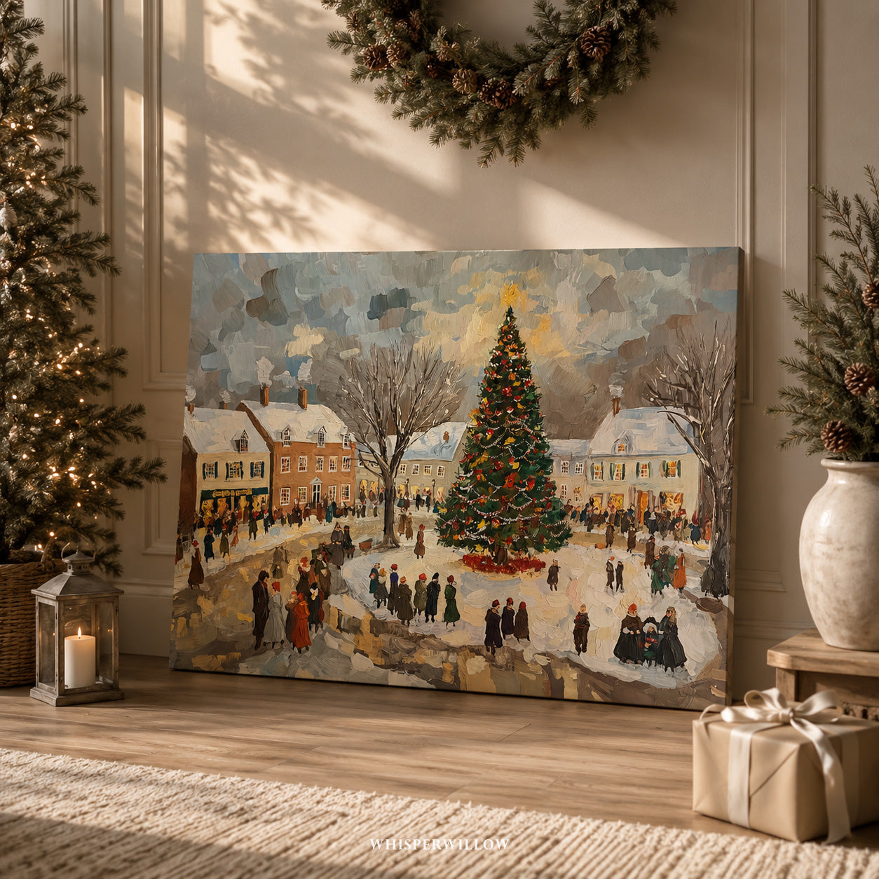 Tableau mural d'hiver sur toile | Scène de village de Noël vintage | Idée cadeau de décoration pour les fêtes