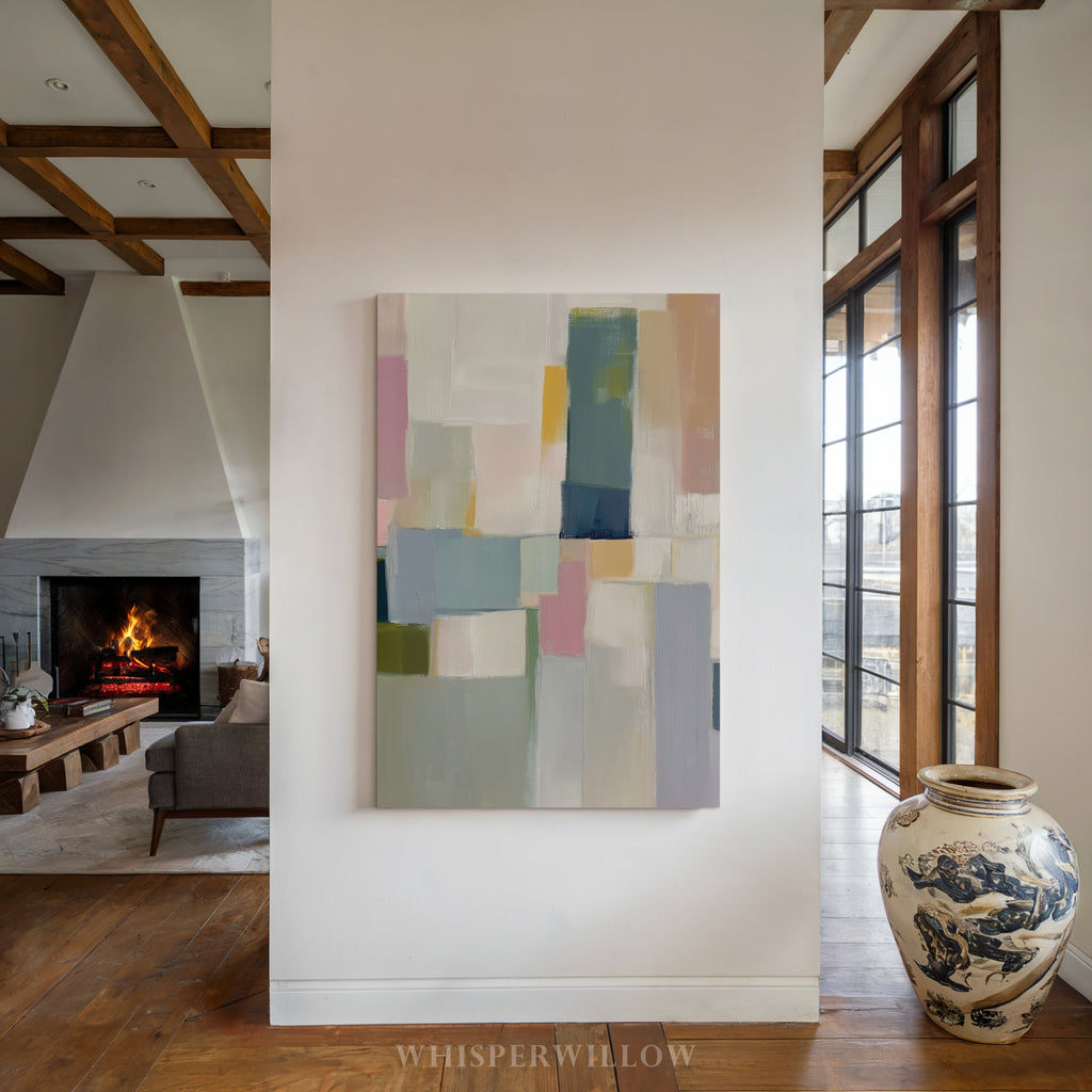 Pastellfarbenes geometrisches Leinwandbild – Abstrakter moderner minimalistischer Druck in sanften Farbblöcken