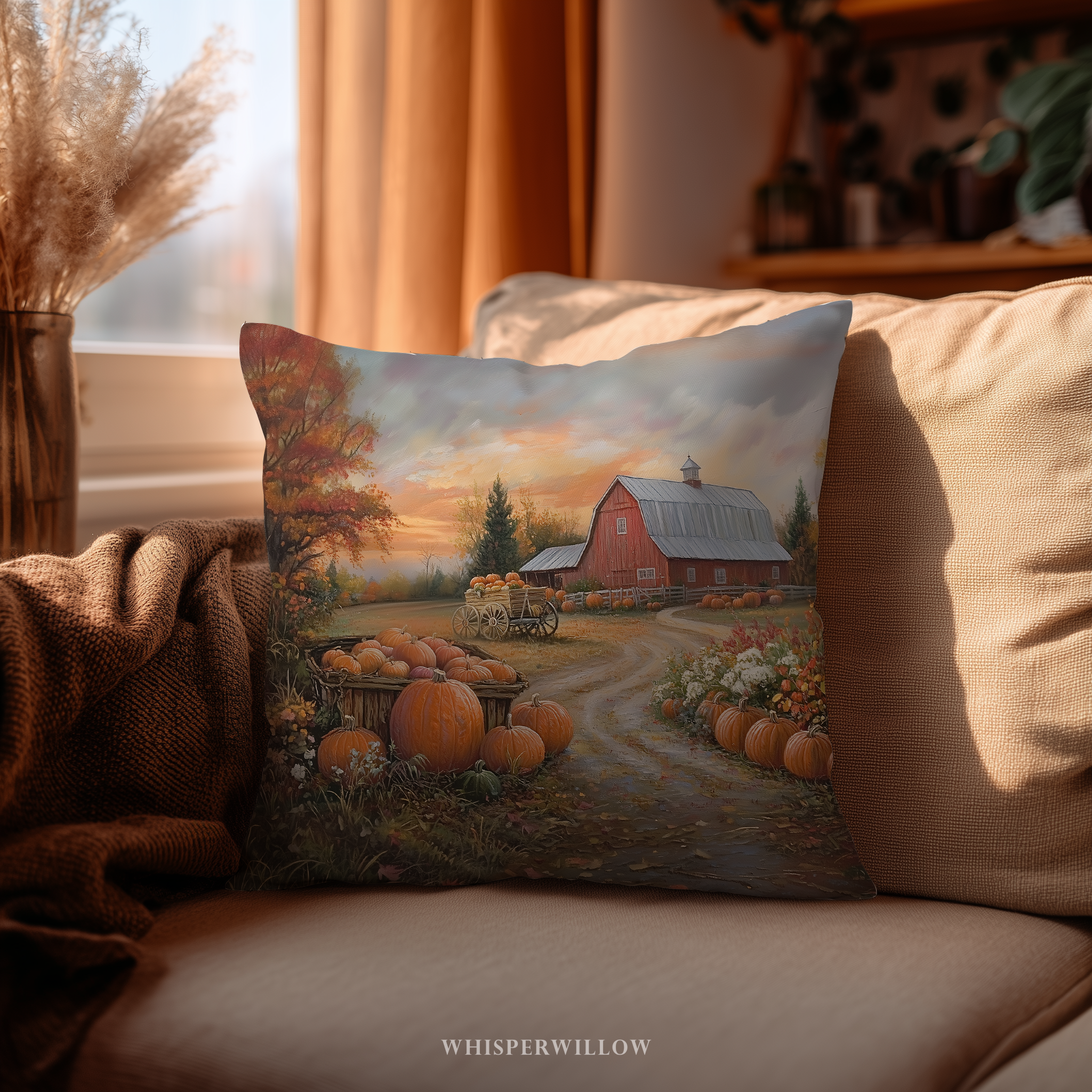 Autumn Pumpkin Farm Throw Pillow and Case - Red Barn Fall Harvest Landscape Country Decor Gift