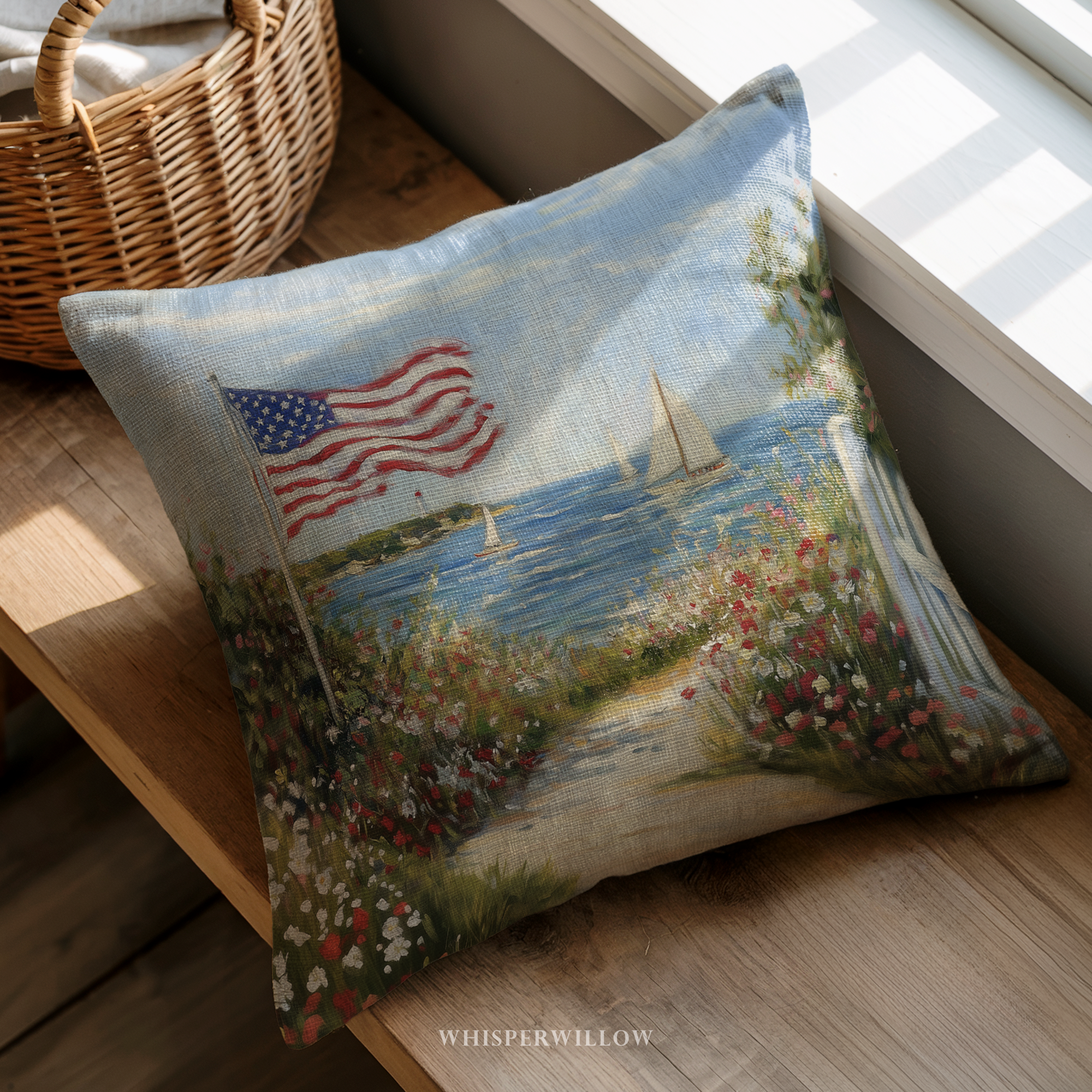 Patriotic American Flag Throw Pillow, Seaside Sailboat Wildflower Design, Independence Day Cushion, 4th of July Home Decor Gift