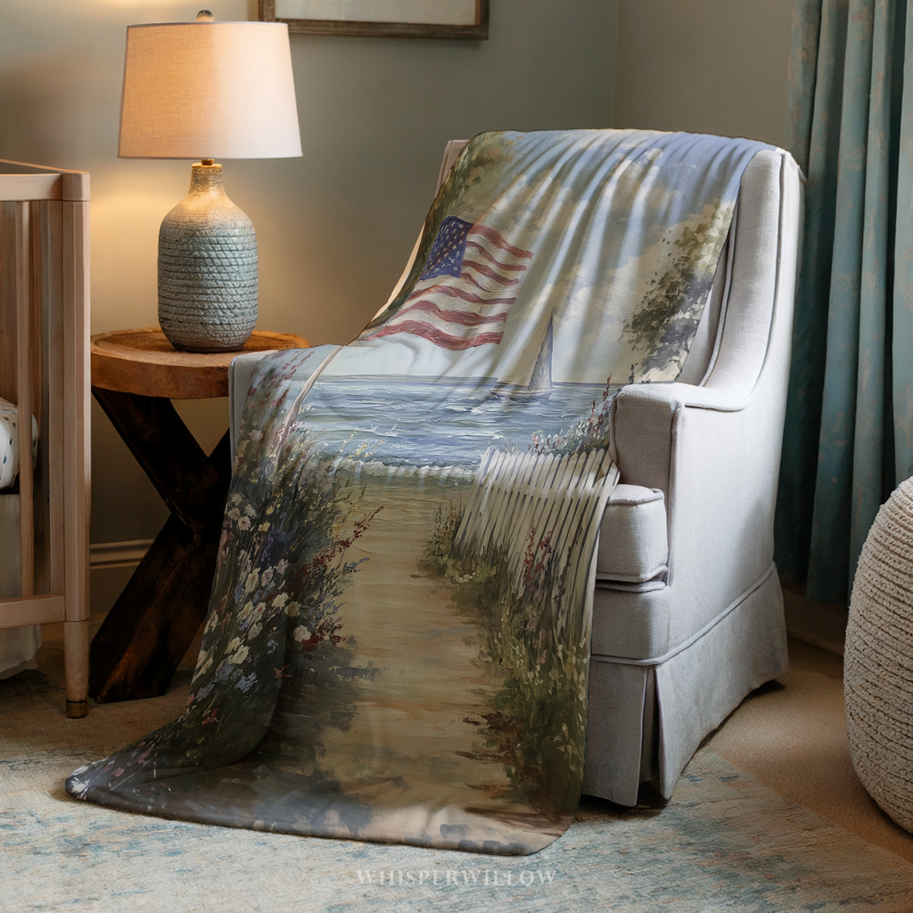 Patriotic American Flag Throw Blanket - Coastal Beach Sailboat Floral Gift by WhisperWillow Studios Home Decor Gift