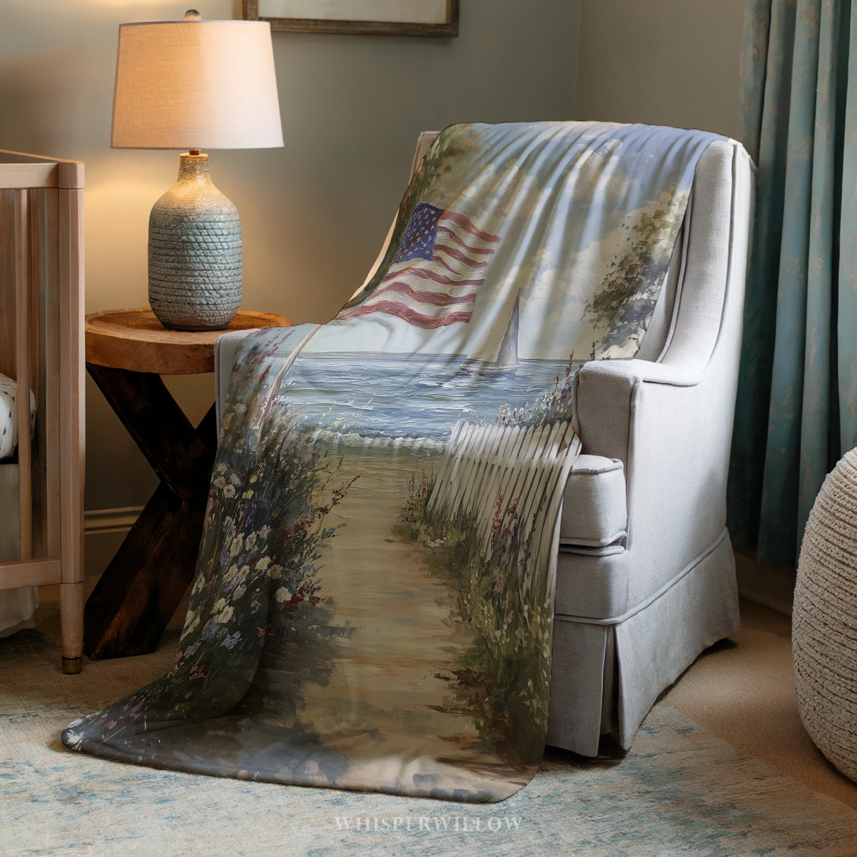 Patriotic American Flag Throw Blanket - Coastal Beach Sailboat Floral Gift by WhisperWillow Studios Home Decor Gift