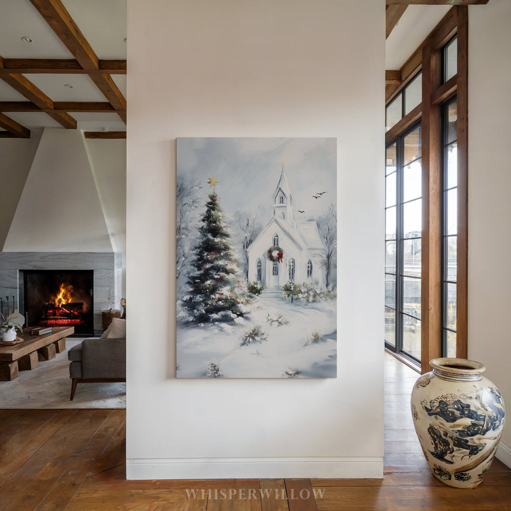 Weihnachtliches Leinwandbild | Winterliche Kirchenszene mit Schneebedeckt | Christliches Deko-Geschenk für Zuhause