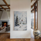 Weihnachtliches Leinwandbild | Winterliche Kirchenszene mit Schneebedeckt | Christliches Deko-Geschenk für Zuhause