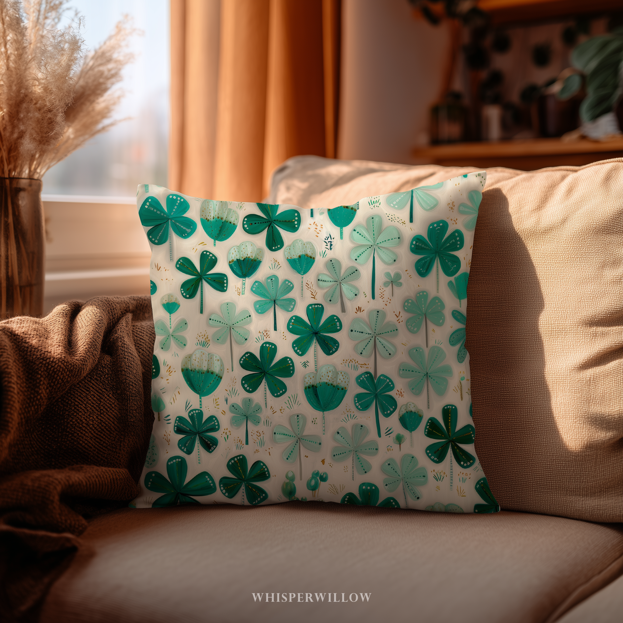 St Patrick Shamrock Throw Pillow and Case - Green Clover Cushion Irish Holiday Decor Gift