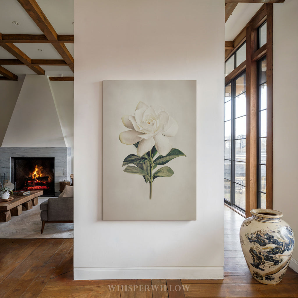 White Gardenia Canvas Wall Art - Elegant Vintage Botanical Floral Minimalist Print