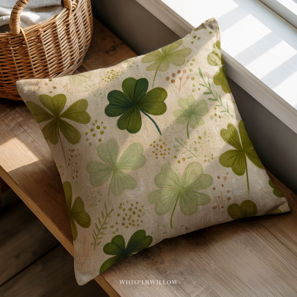 St Patrick Clover Throw Pillow, Green Shamrock Floral Botanical Design, Spring Cottage Decor Cushion, Gift for Kids and Adults by WhisperWillow Studios Home Decor