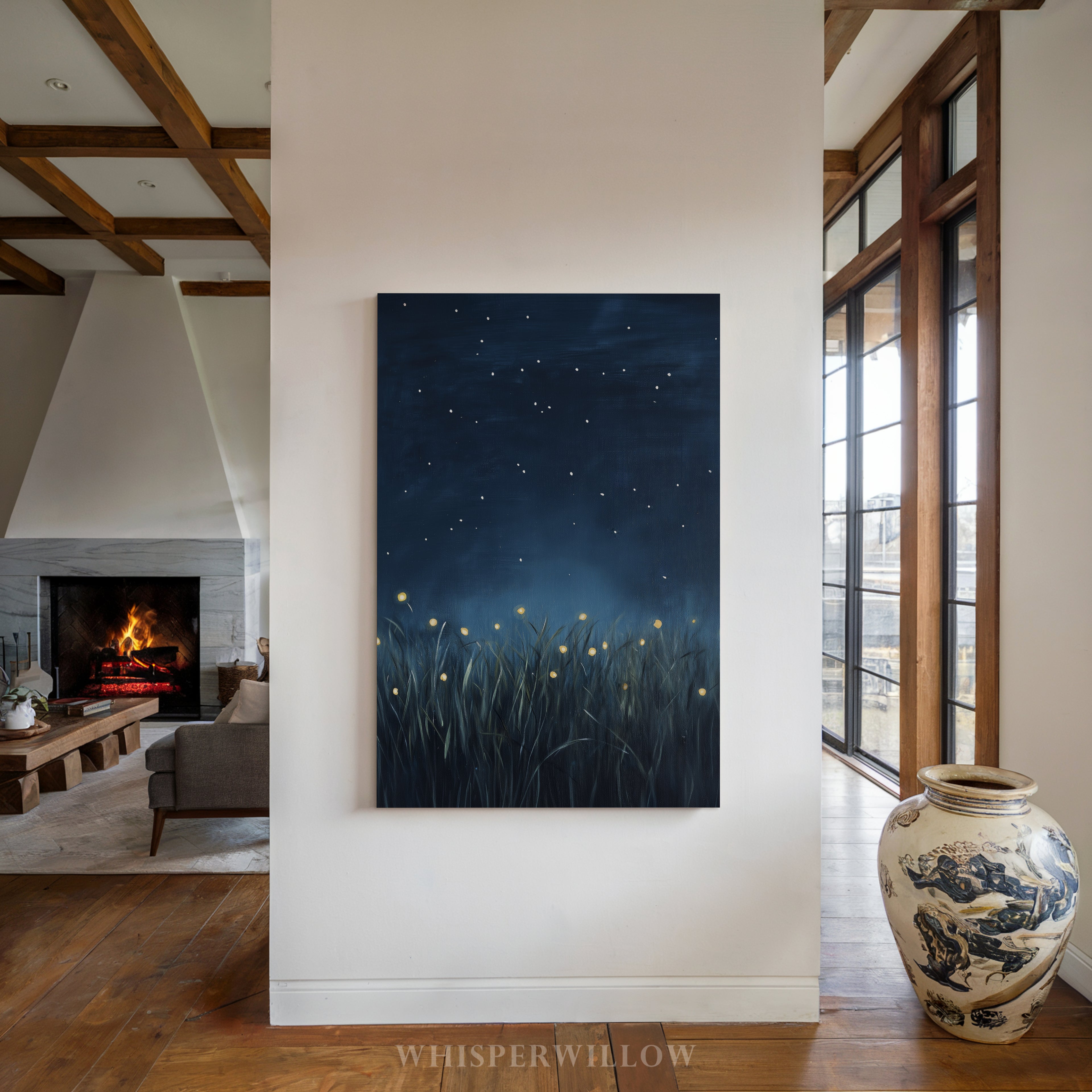 Glühwürmchen-Leinwandbild – Leuchtende Käfer, Sternennacht, dunkelblauer, funkelnder Himmel, magisch