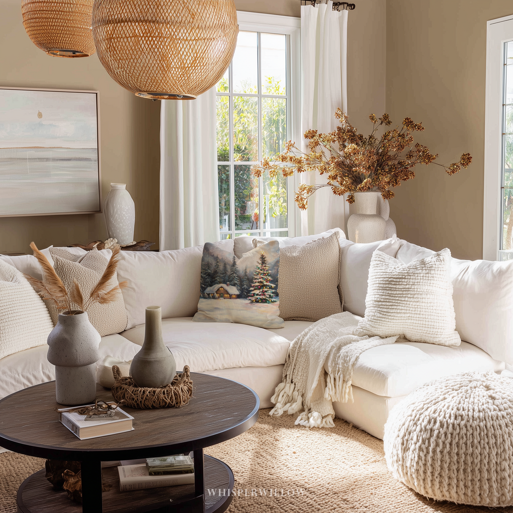 Gemütliches Hütten-Dekokissen – Weihnachtslichter-Winterwunderland-Kissen